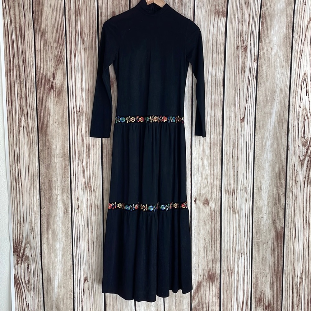 Rina Vintage Black Maxi Dress w/Embroidered Flowers and Mock Neck